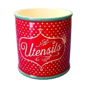 The Pioneer Woman Red/Teal Utensil Container Polka Dot Crock Stoneware 7" Tall